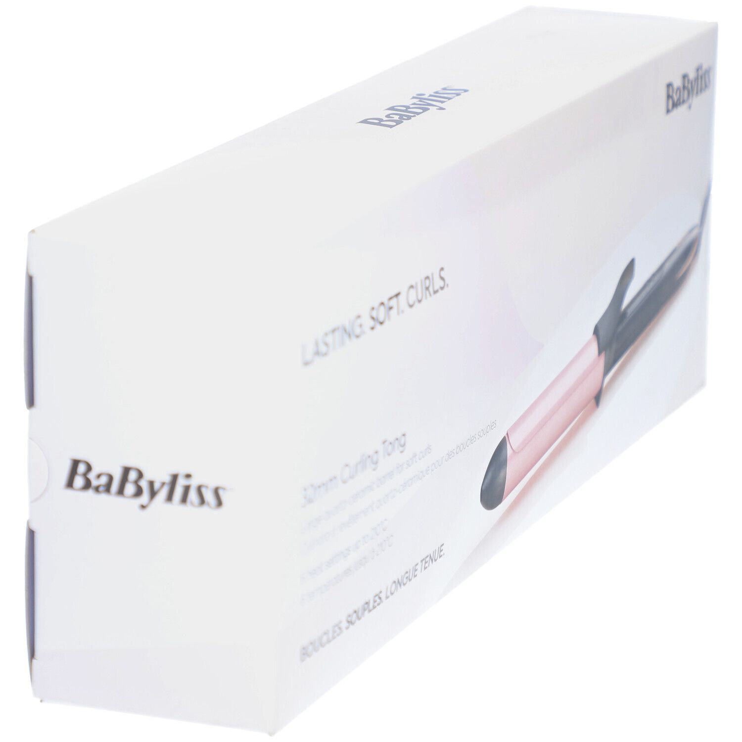 Emballage du Babyliss Boucleur Titanium Brilliance 32mm. Blanc avec nom du produit et inscription: Lasting. Soft. Curls.
