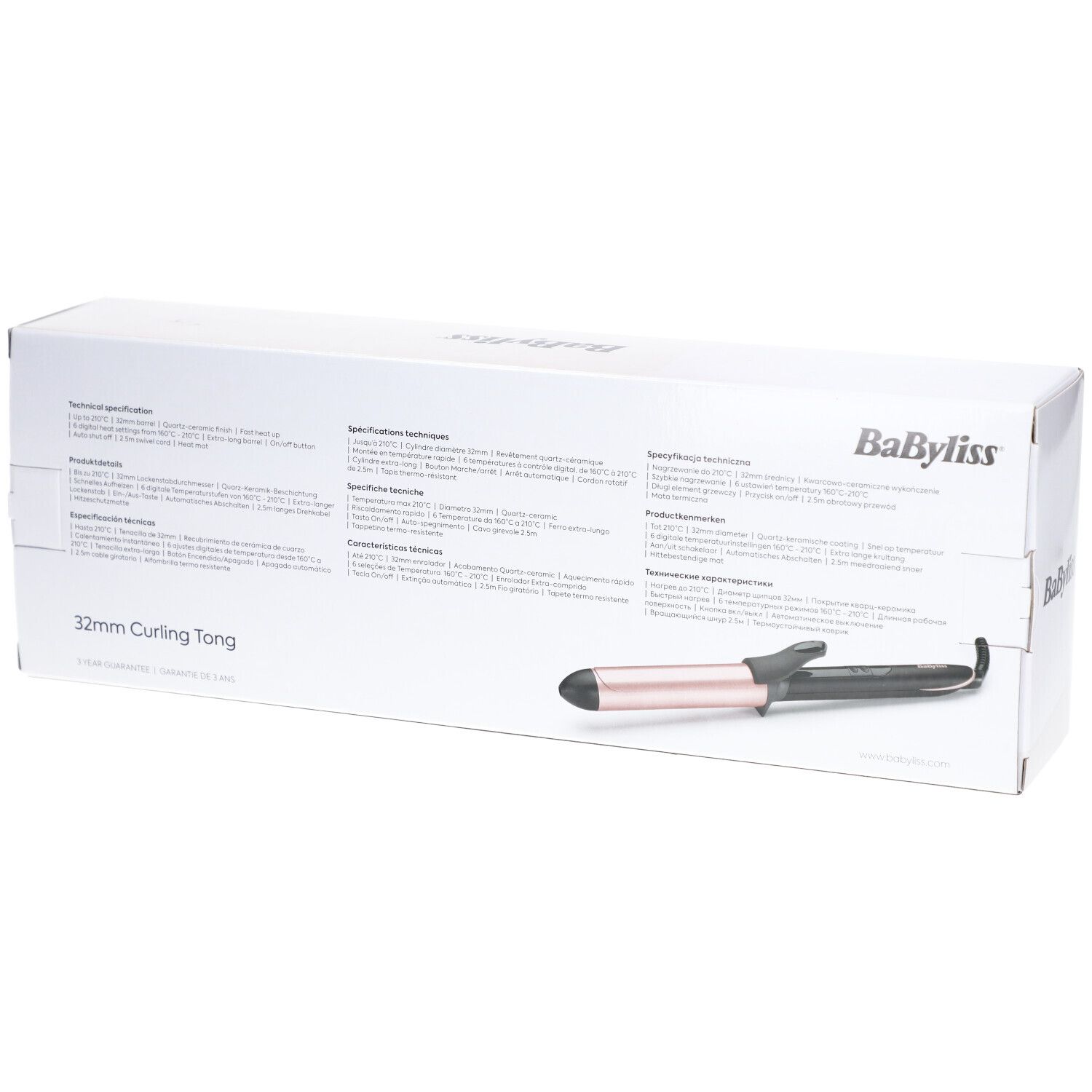Dos de l'emballage du Babyliss Boucleur Titanium Brilliance 32mm. Texte multilingue, produit représenté.