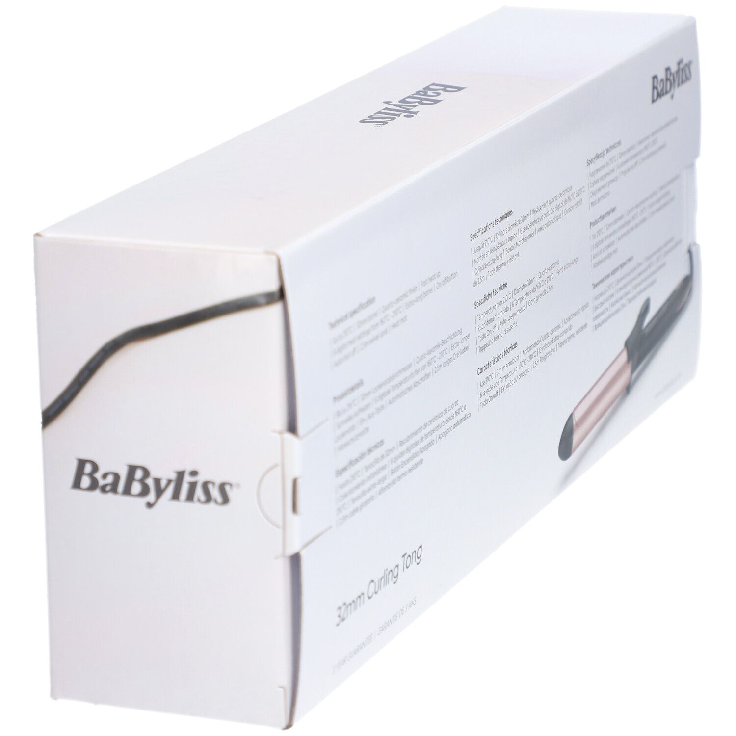 Emballage du Babyliss Boucleur Titanium Brilliance 32mm. Vue latérale avec nom du produit et texte.