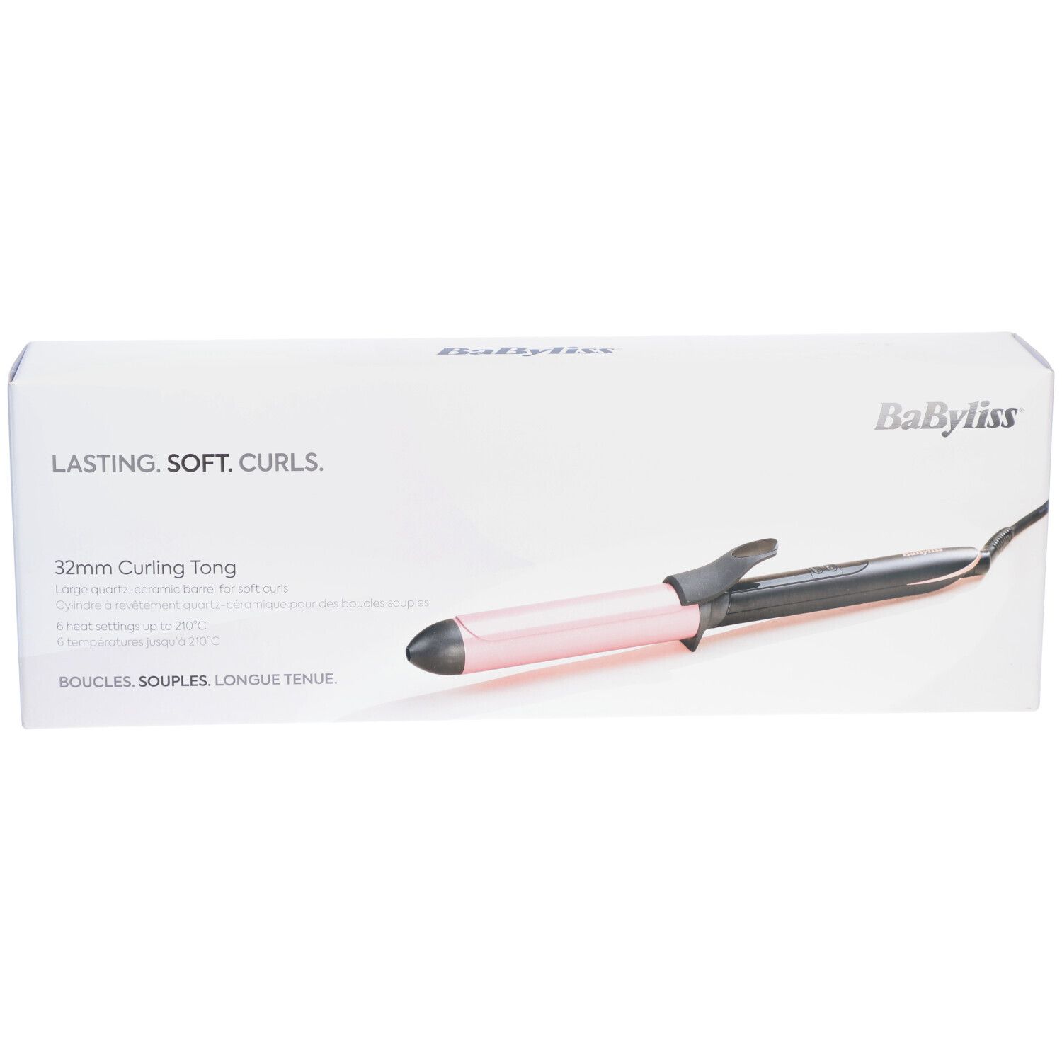 Fer à boucler Babyliss Boucleur Titanium Brilliance 32mm dans son emballage. Fer rose et noir, 32mm. Inscription: Lasting. Soft. Curls.