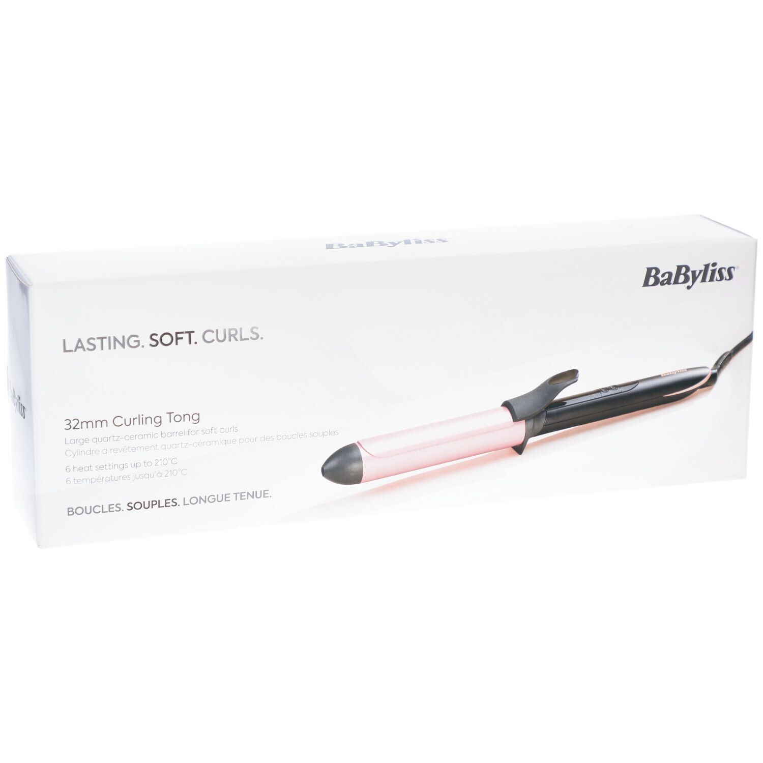 Fer à boucler Babyliss Boucleur Titanium Brilliance 32mm dans son emballage. Fer rose et noir, 32mm. Inscription: Lasting. Soft. Curls.