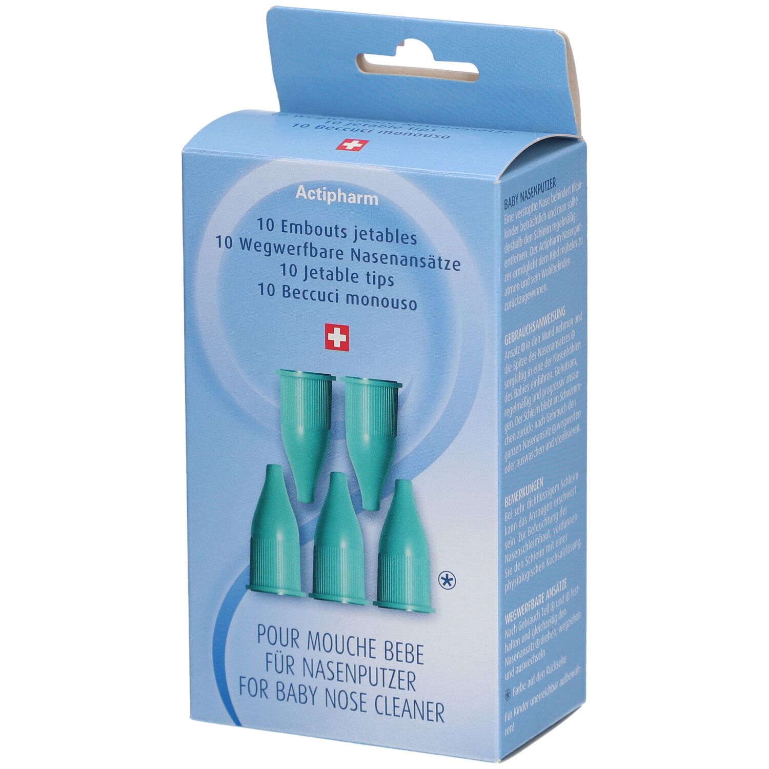 Boîte bleu clair avec embouts nasaux verts. Texte: Actipharm, 10 embouts jetables, croix suisse. Pour mouche bébé.