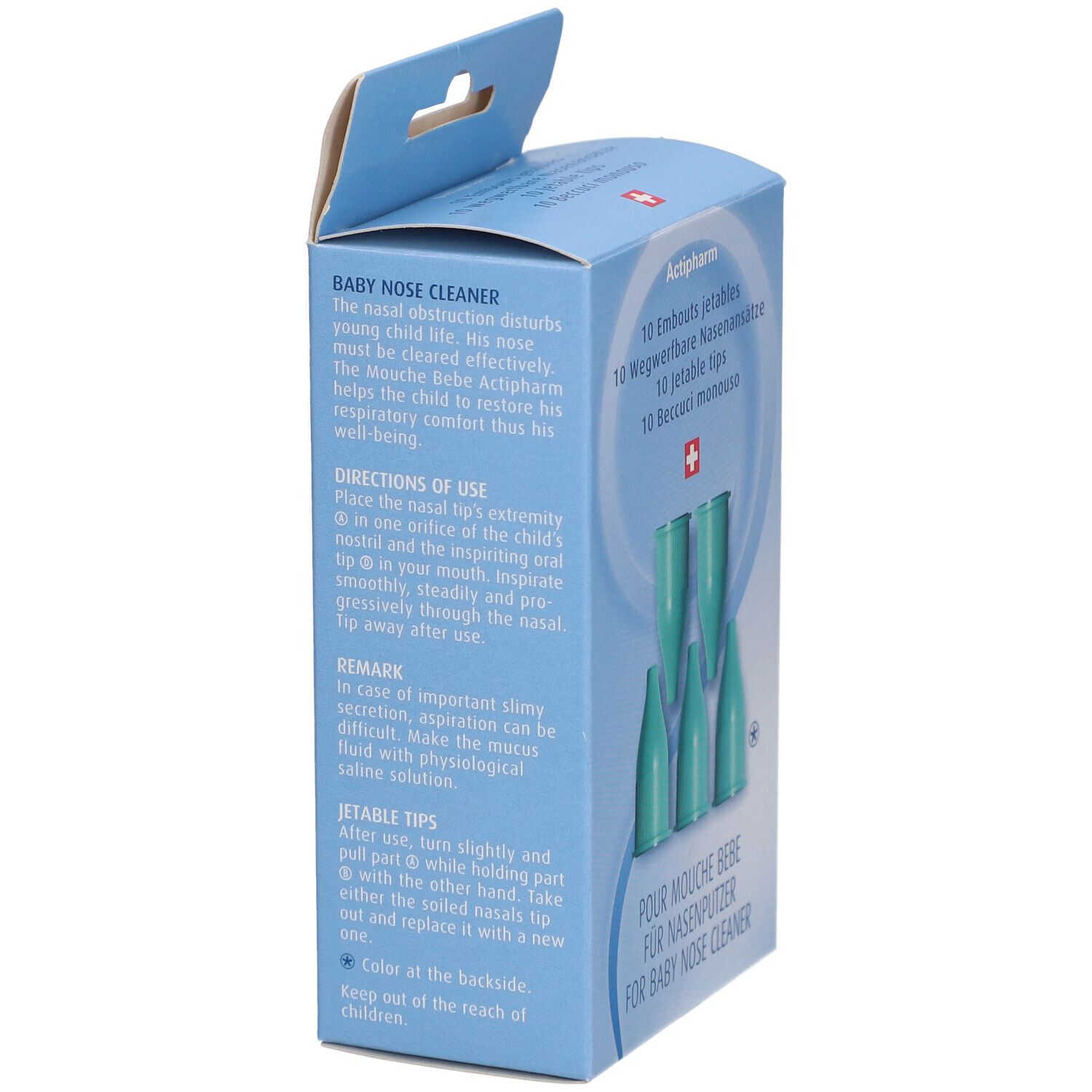 Boîte bleu clair, vue latérale. Texte: Actipharm, 10 embouts jetables, croix suisse. Mode d'emploi. Pour mouche bébé.