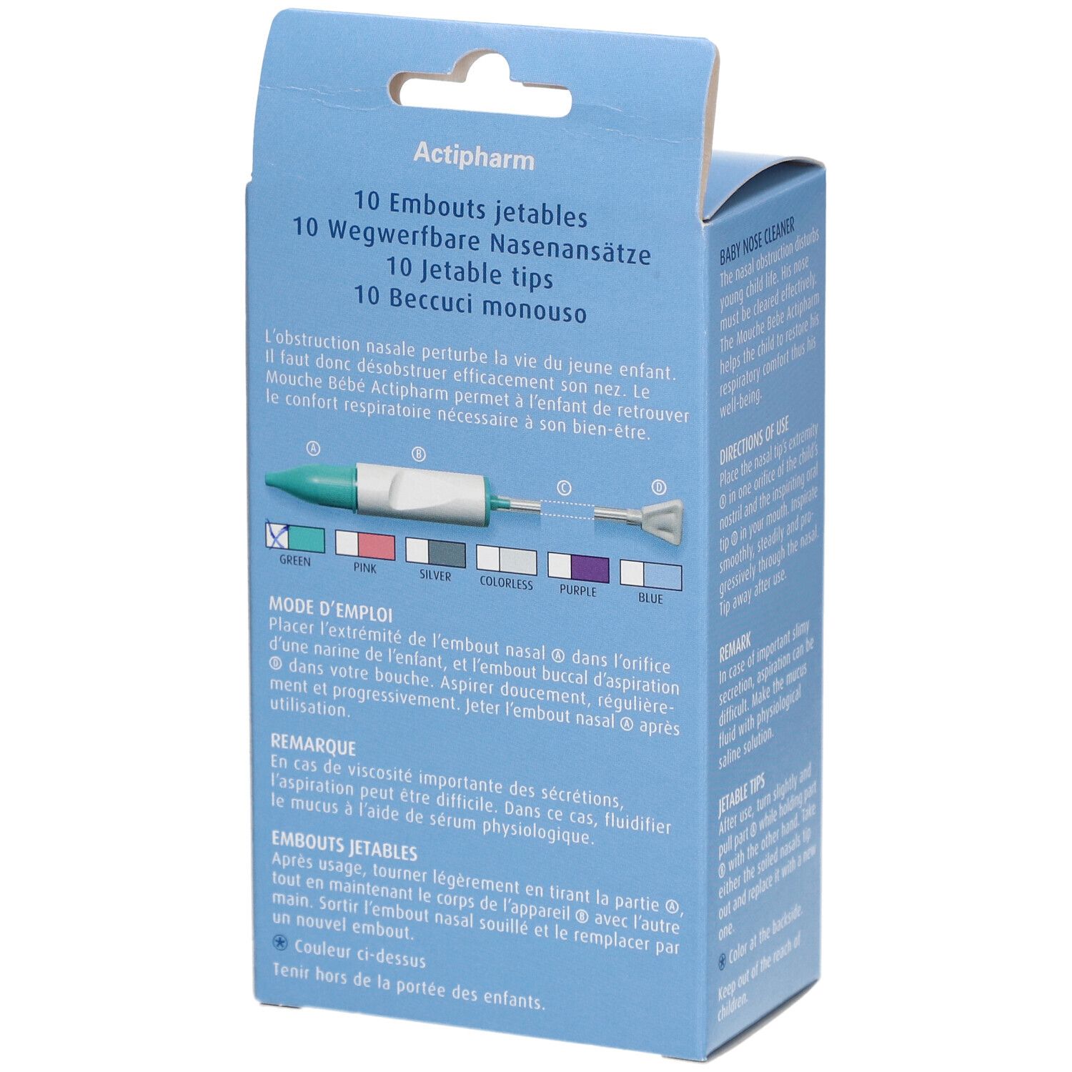 Boîte bleu clair, dos. Texte: Actipharm, 10 embouts jetables, croix suisse. Mode d'emploi. Pour mouche bébé.