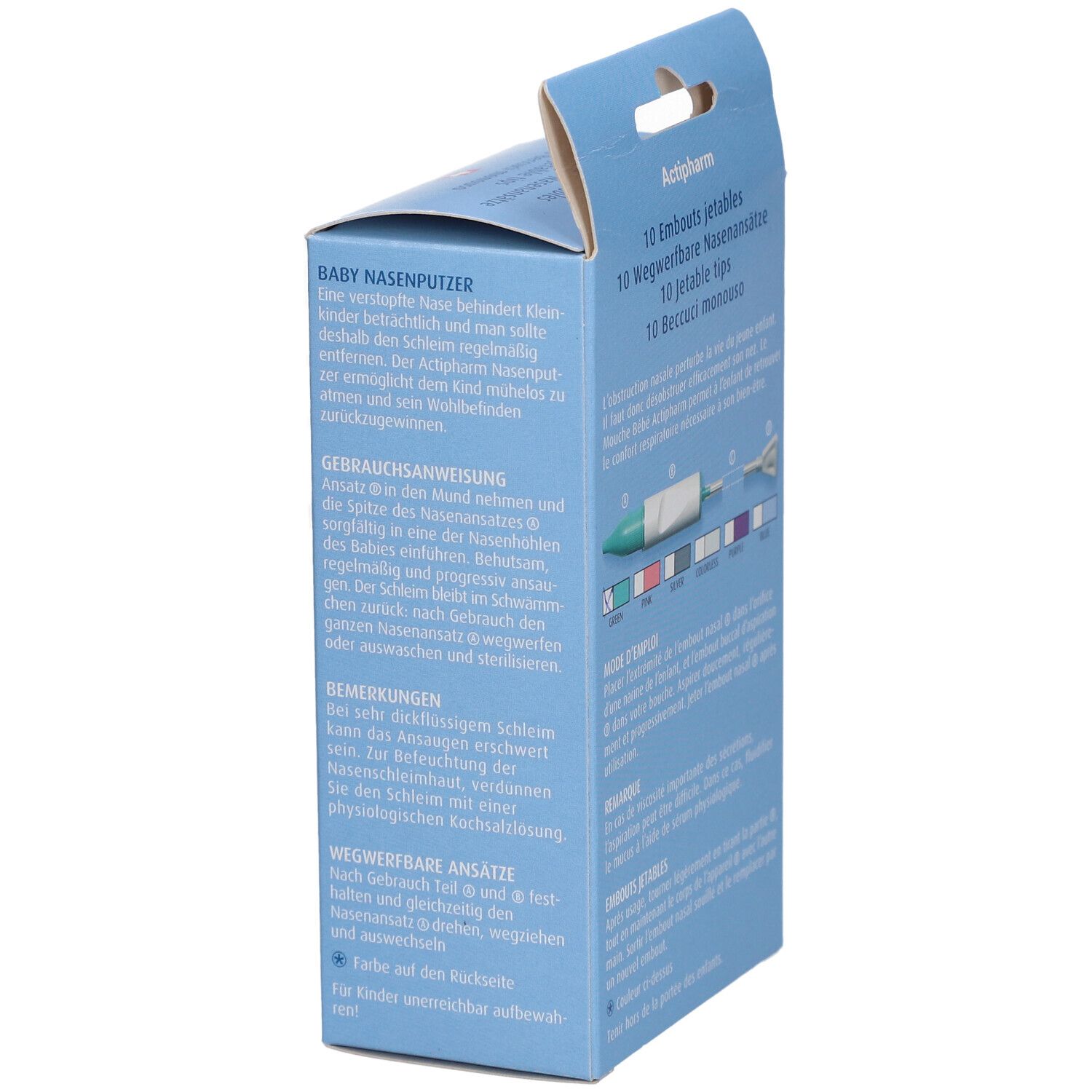 Boîte bleu clair, vue latérale. Texte: Actipharm, 10 embouts jetables, croix suisse. Mode d'emploi. Pour mouche bébé.