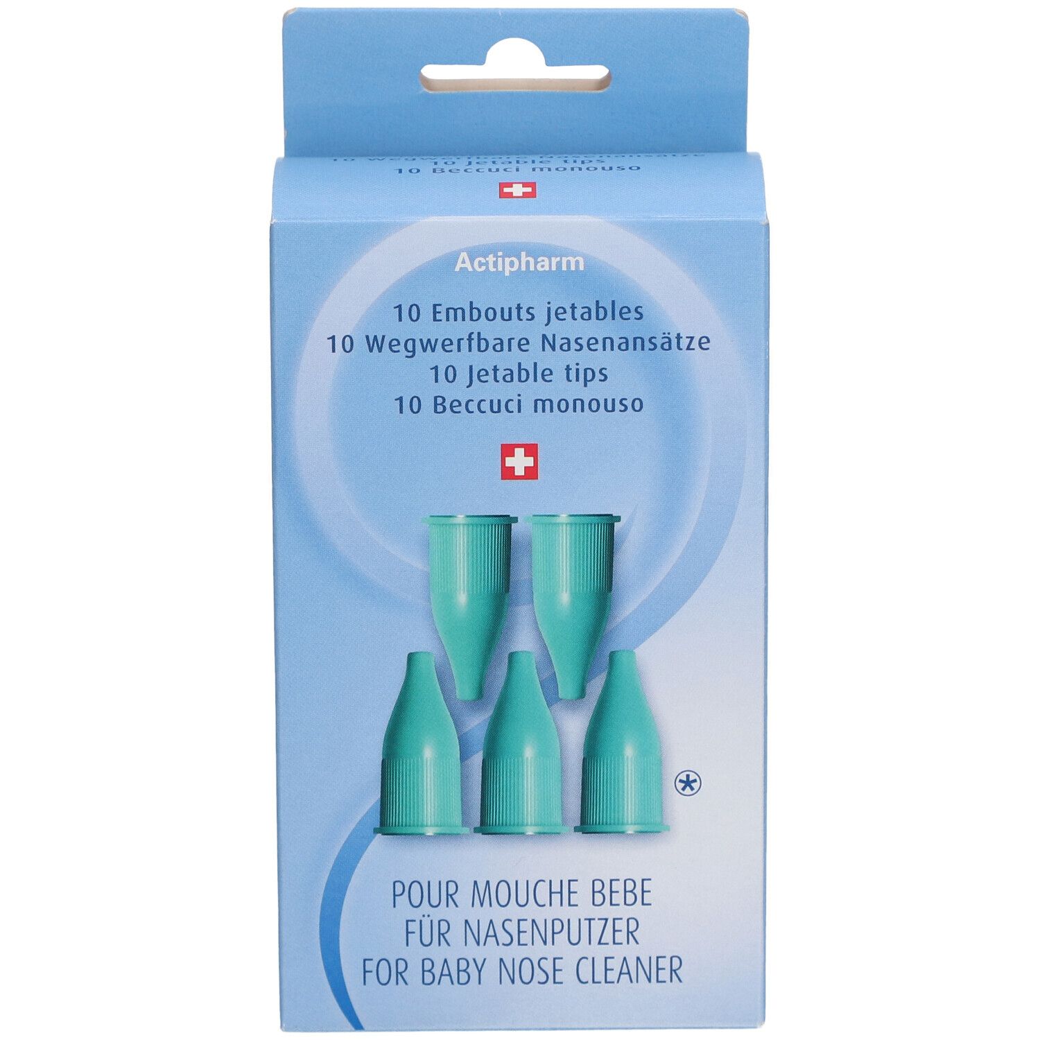 Boîte bleu clair avec embouts nasaux verts. Texte: Actipharm, 10 embouts jetables, croix suisse. Pour mouche bébé.