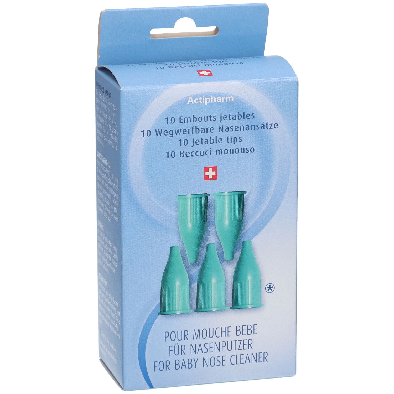 Boîte bleu clair avec embouts nasaux verts. Texte: Actipharm, 10 embouts jetables, croix suisse. Pour mouche bébé.