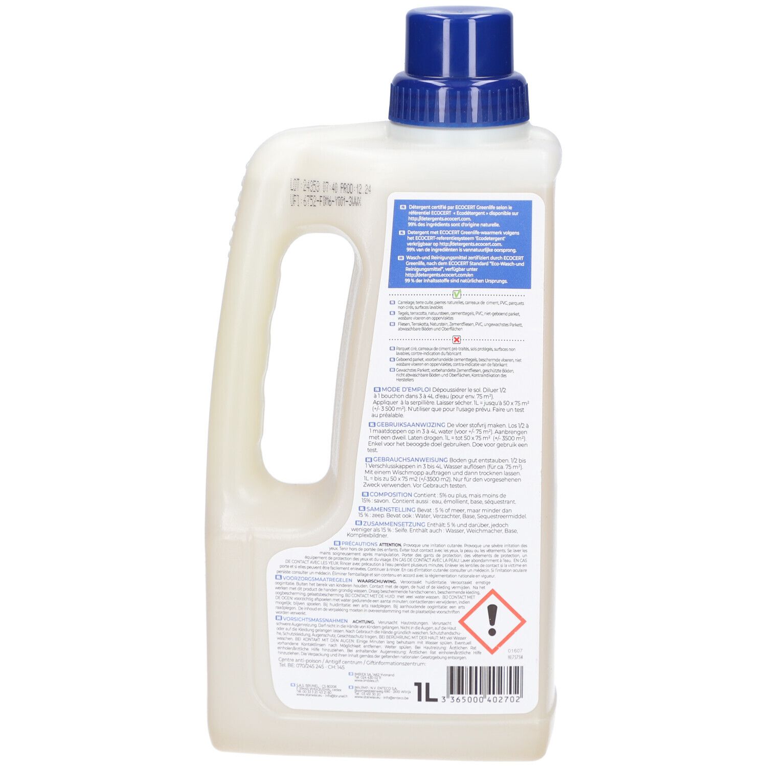 Dos du bidon blanc. Informations produit multilingues. Symbole d'avertissement. Volume : 1L.