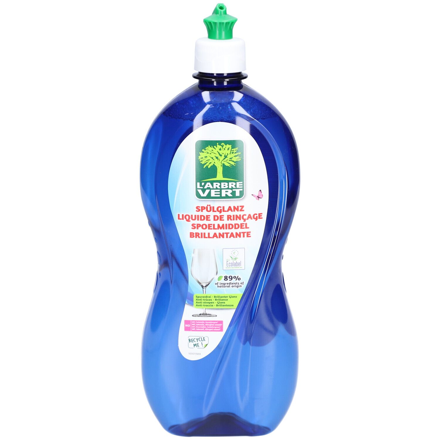 Flacon bleu avec bouchon vert. Étiquette avec logo, texte 'L'ARBRE VERT' et nom du produit. Liquide de rinçage.