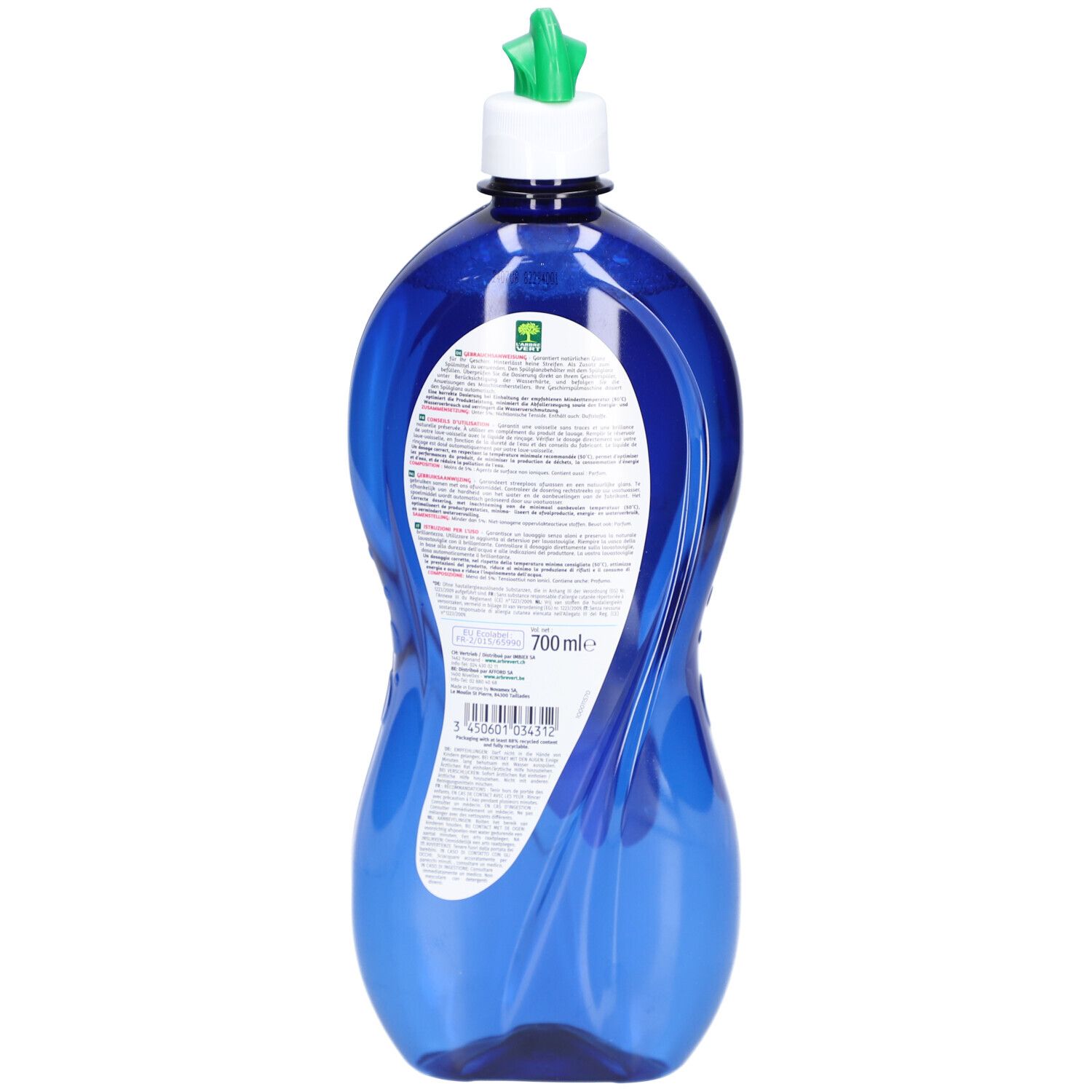 Vue arrière du flacon bleu. Étiquette avec informations produit et texte. Écriture verte et blanche.