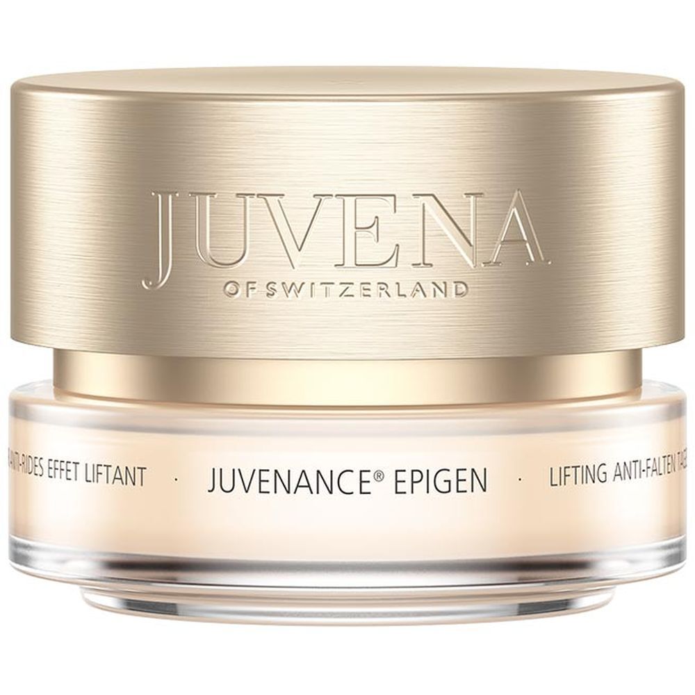 Pot de crème avec couvercle doré. Inscription: Juvena of Switzerland, Juvenance Epigen, Lifting Anti-Falten.