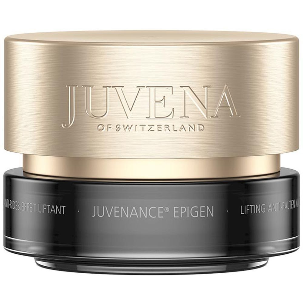 Pot de crème avec couvercle doré. Inscription: Juvena of Switzerland, Juvenance Epigen, Lifting Anti-Falten Nachtcreme.