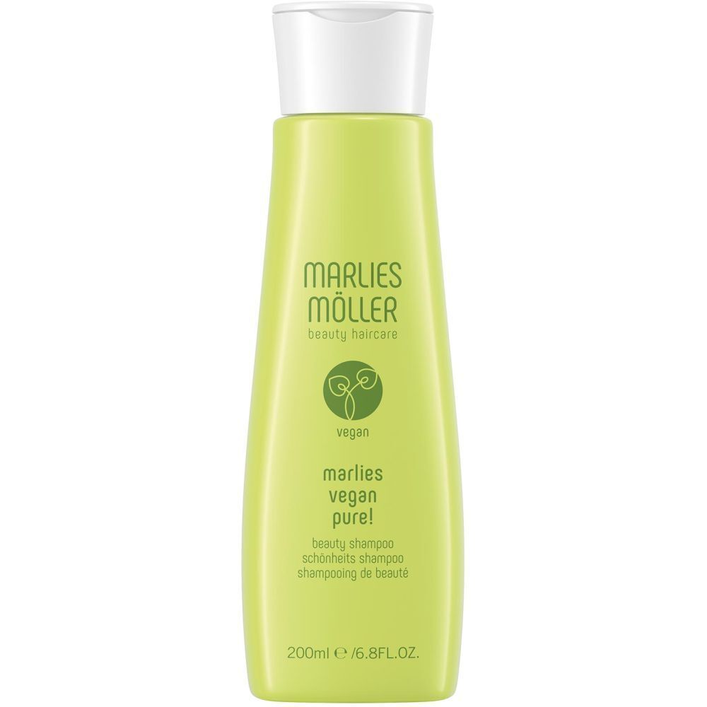 Flacon de shampooing vert avec bouchon blanc. Inscription: Marlies Möller, Vegan Pure! Shampooing.