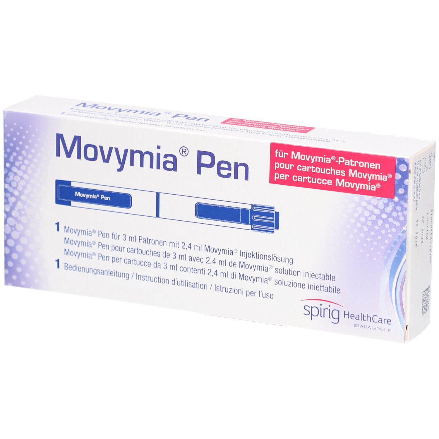 Boîte de Movymia Pen. Carton blanc avec texte bleu et rouge. Contient un stylo et un mode d'emploi.