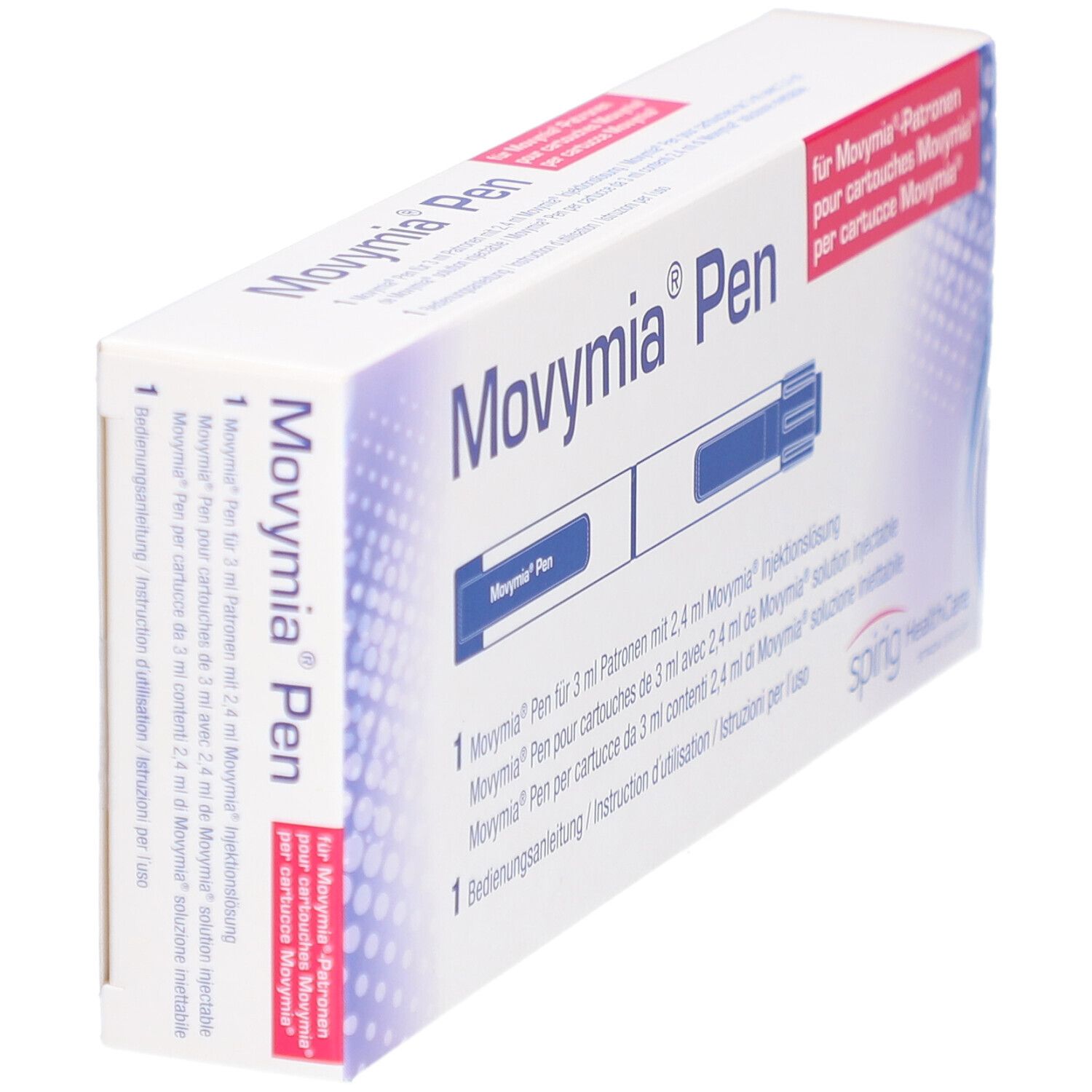 Vue oblique de la boîte Movymia Pen. Carton blanc avec texte bleu et rouge. Contient un stylo et un mode d'emploi.