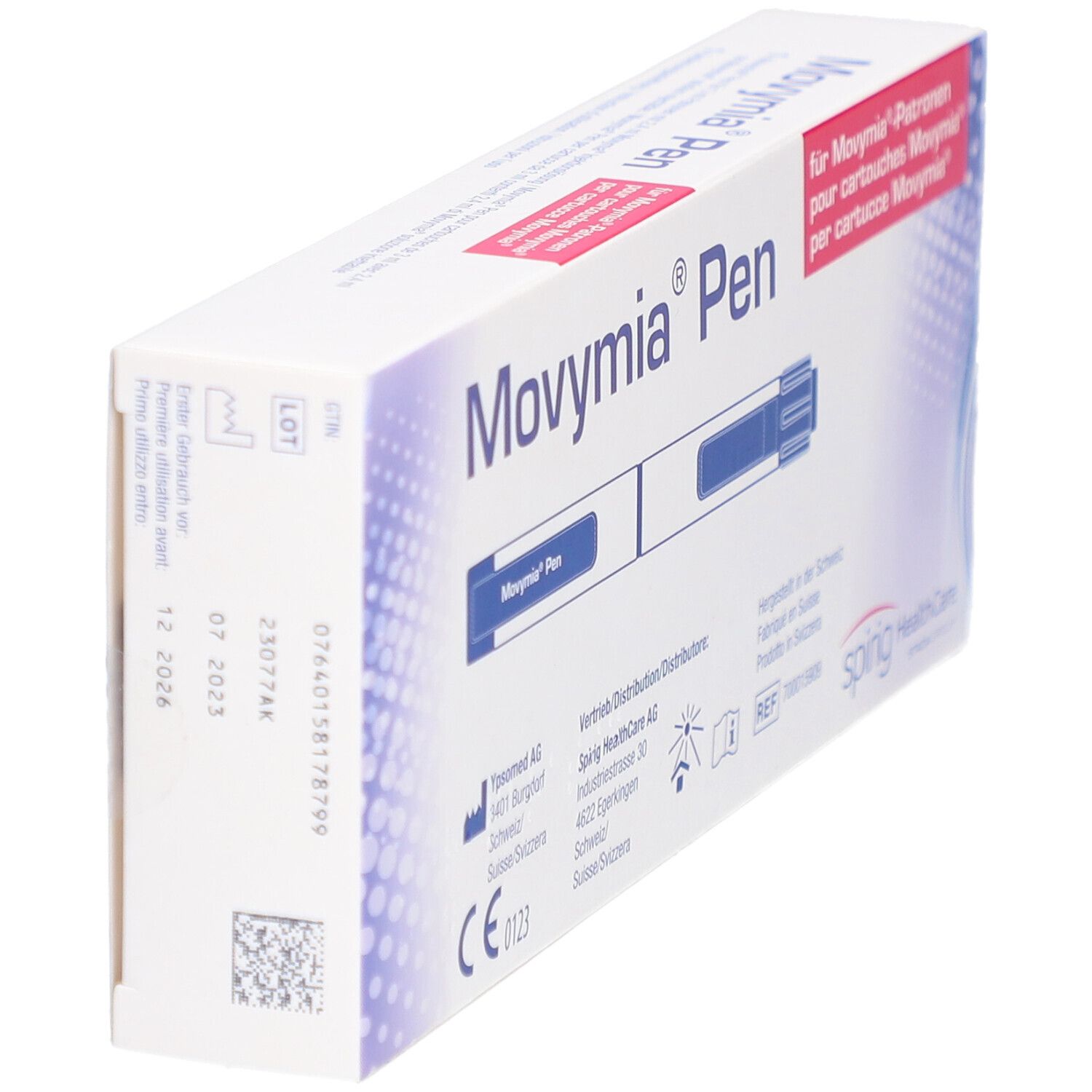 Vue oblique de la boîte Movymia Pen. Carton blanc avec texte bleu et rouge. Contient un stylo et un mode d'emploi. Marquage CE.