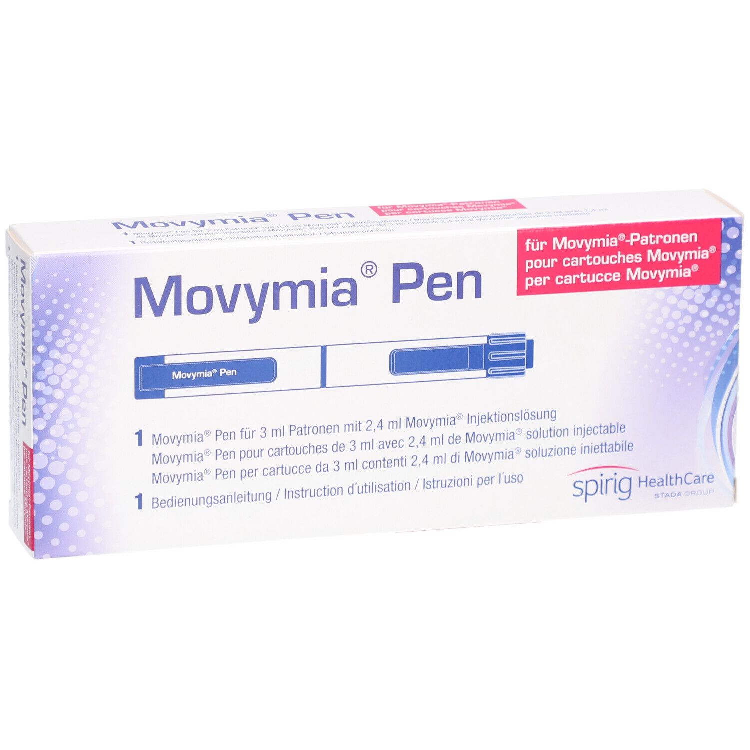 Boîte Movymia Pen. Carton blanc avec texte bleu et rouge. Contient un stylo et un mode d'emploi.