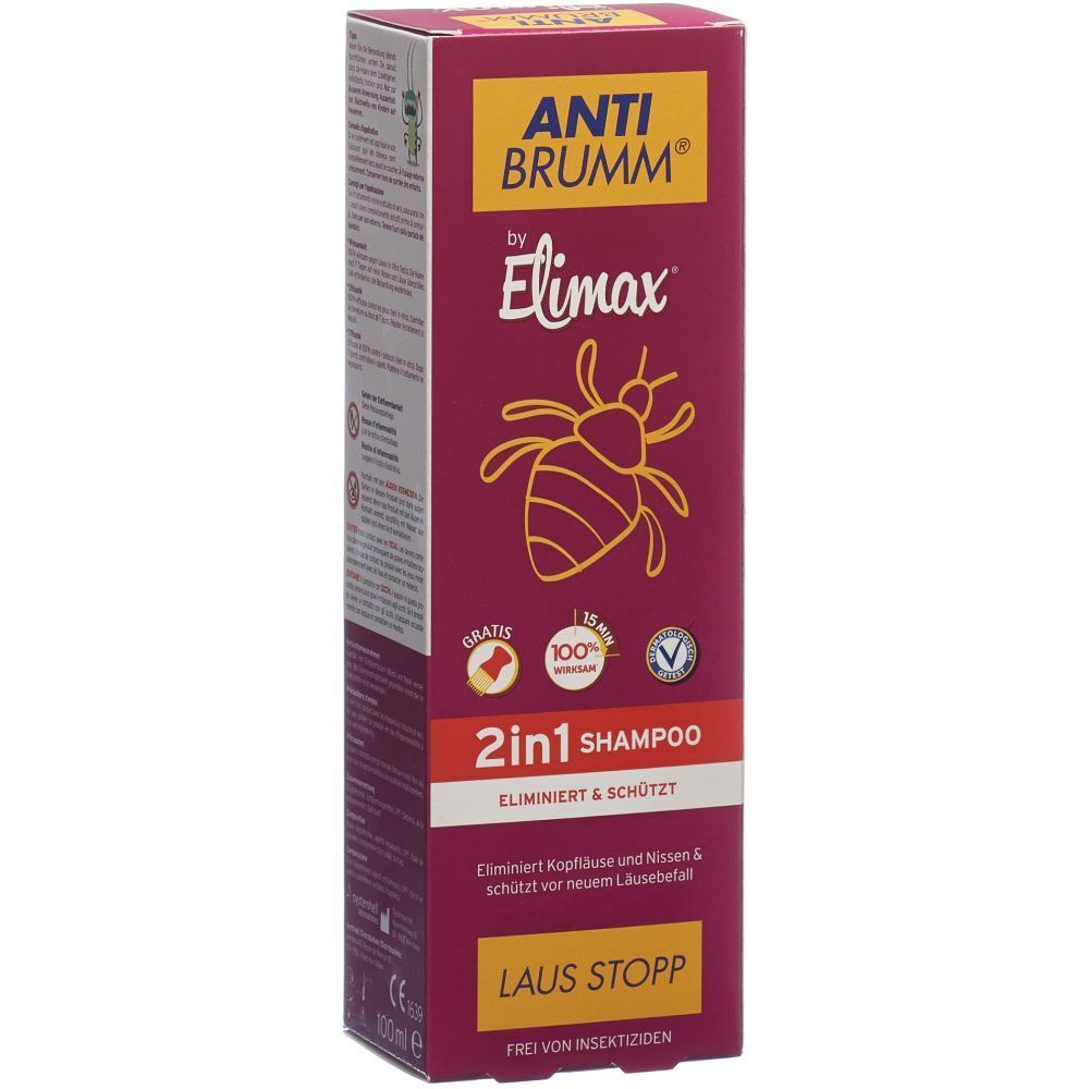 Emballage de ANTI BRUMM® Elimax 2 en 1 Shampooing. Éléments rouges et jaunes. Texte : ANTI BRUMM, Elimax, 2 en 1 Shampooing, Stop Poux.