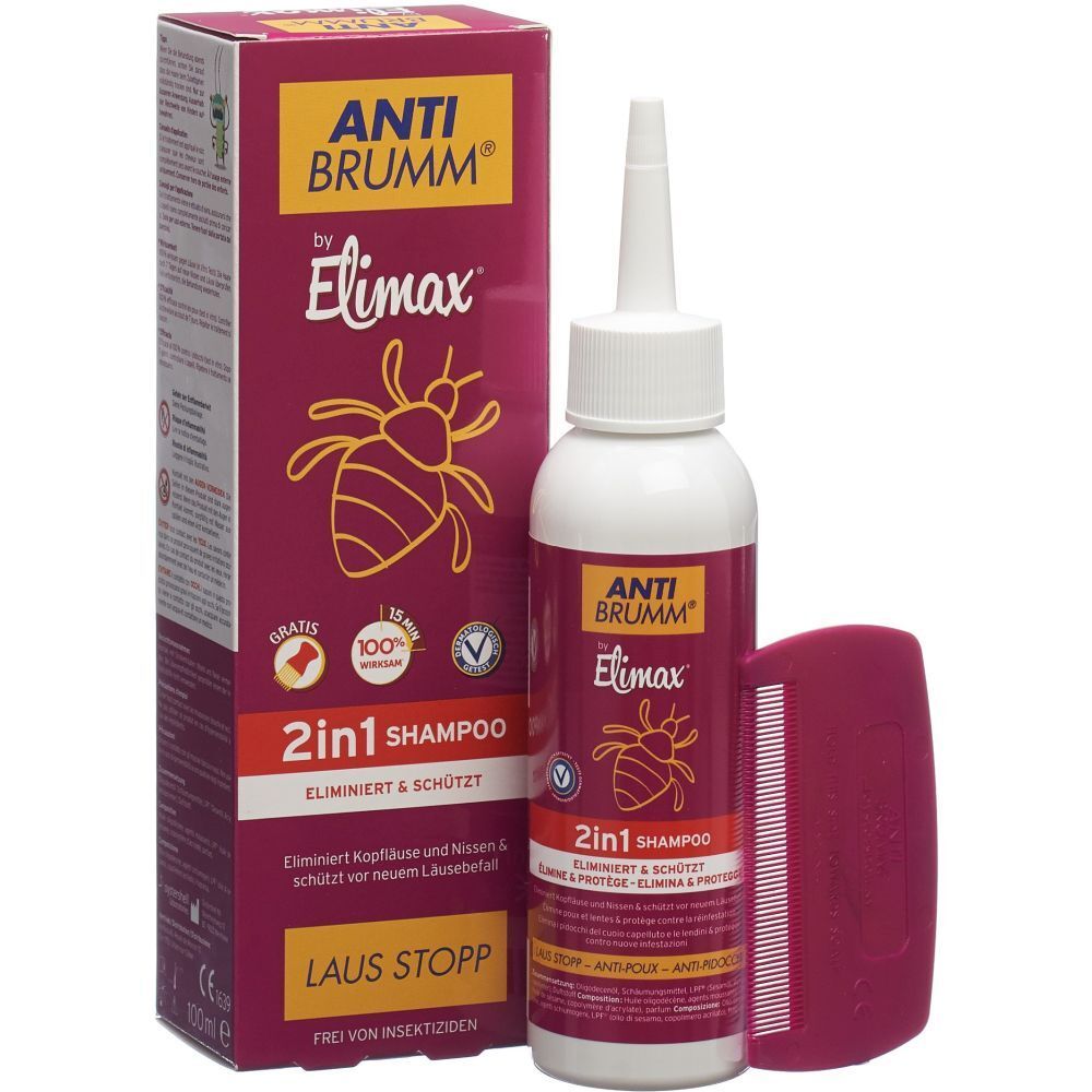 Emballage, flacon et peigne de ANTI BRUMM® Elimax 2 en 1 Shampooing. Éléments rouges et jaunes. Texte : ANTI BRUMM, Elimax, 2 en 1 Shampooing.