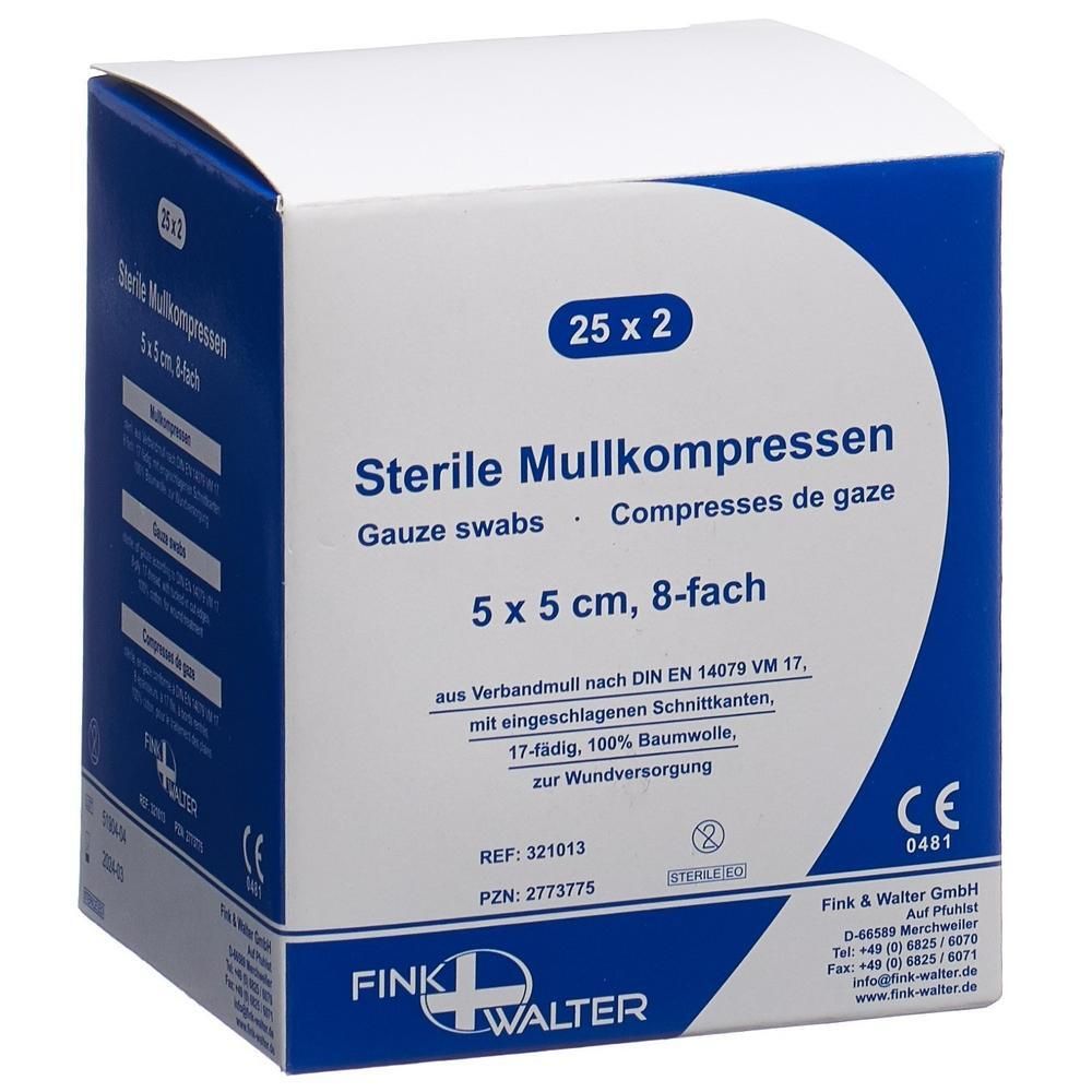 Boîte de compresses de gaze stériles. Dimensions 5x5 cm, 8 plis. Inscription : 25 x 2, marquage CE. Fabricant : Fink & Walter.