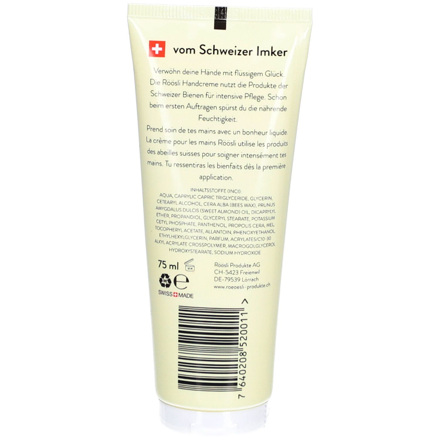 Dos du tube de crème. Texte avec ingrédients et informations du fabricant. Croix suisse et logo.