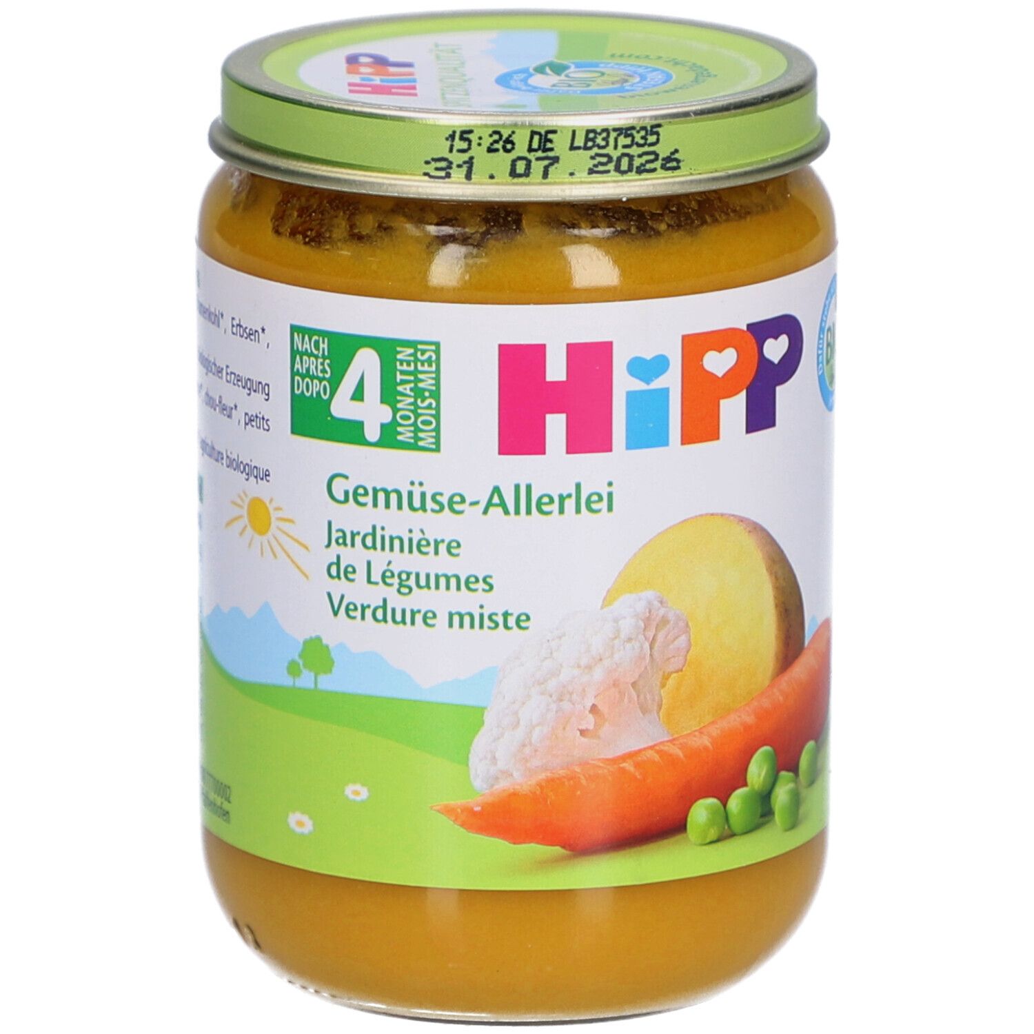 Pot de HiPP Bio-Gemüsegarten pour bébés dès 4 mois. Étiquette avec illustrations de légumes et label bio.