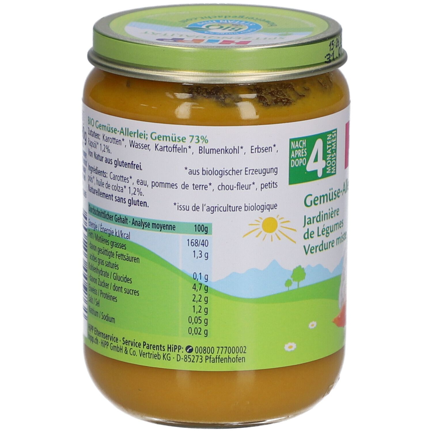 Dos du pot HiPP Bio-Gemüsegarten. Contient informations nutritionnelles et liste des ingrédients. Label bio.