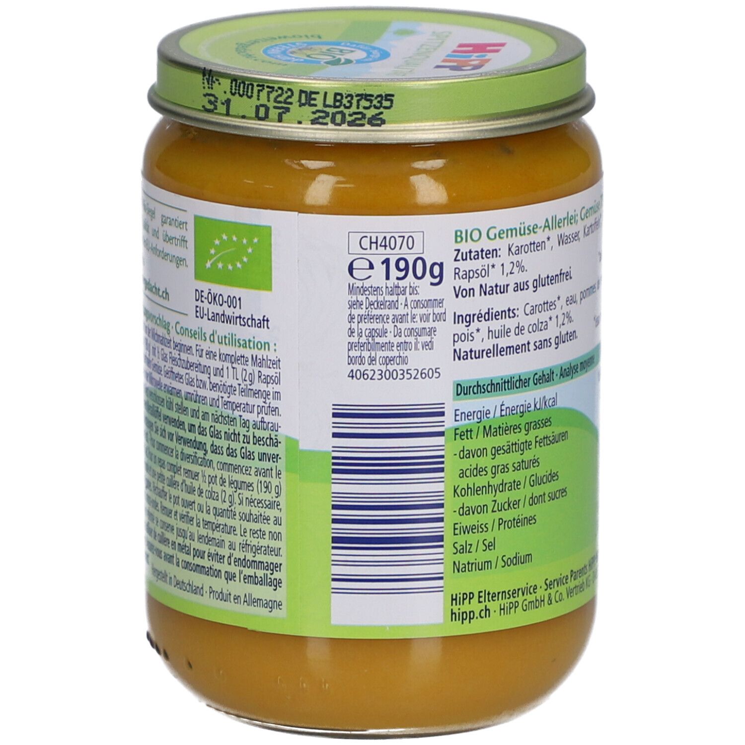 Vue arrière du pot HiPP Bio-Gemüsegarten. Liste des ingrédients, valeurs nutritionnelles et code-barres. Label bio.