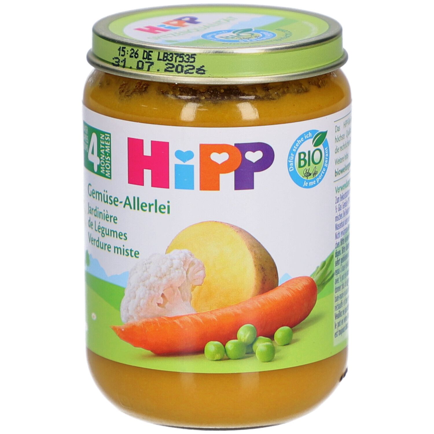 Pot de HiPP Bio-Gemüsegarten pour bébés dès 4 mois. Étiquette avec illustrations de légumes et label bio.