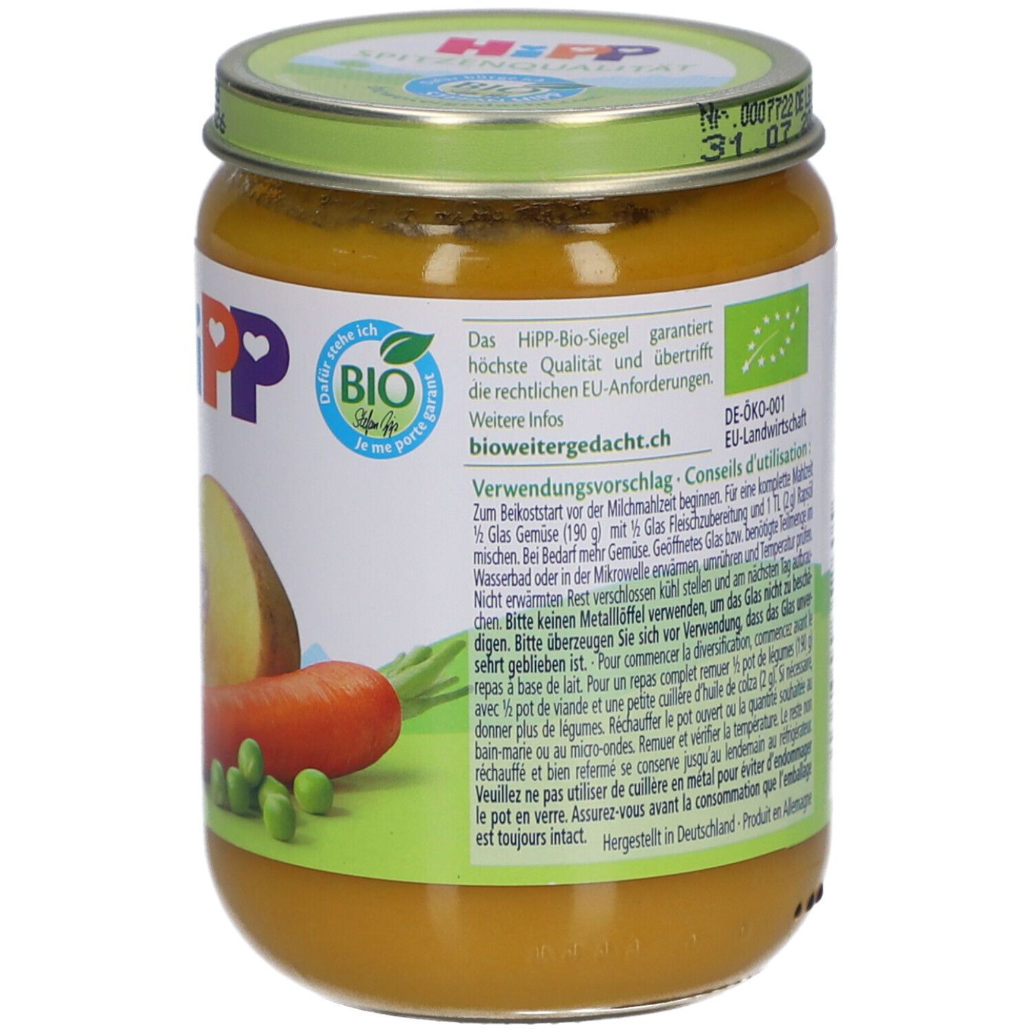 Dos du pot HiPP Bio-Gemüsegarten. Contient des informations d'utilisation et le label bio.