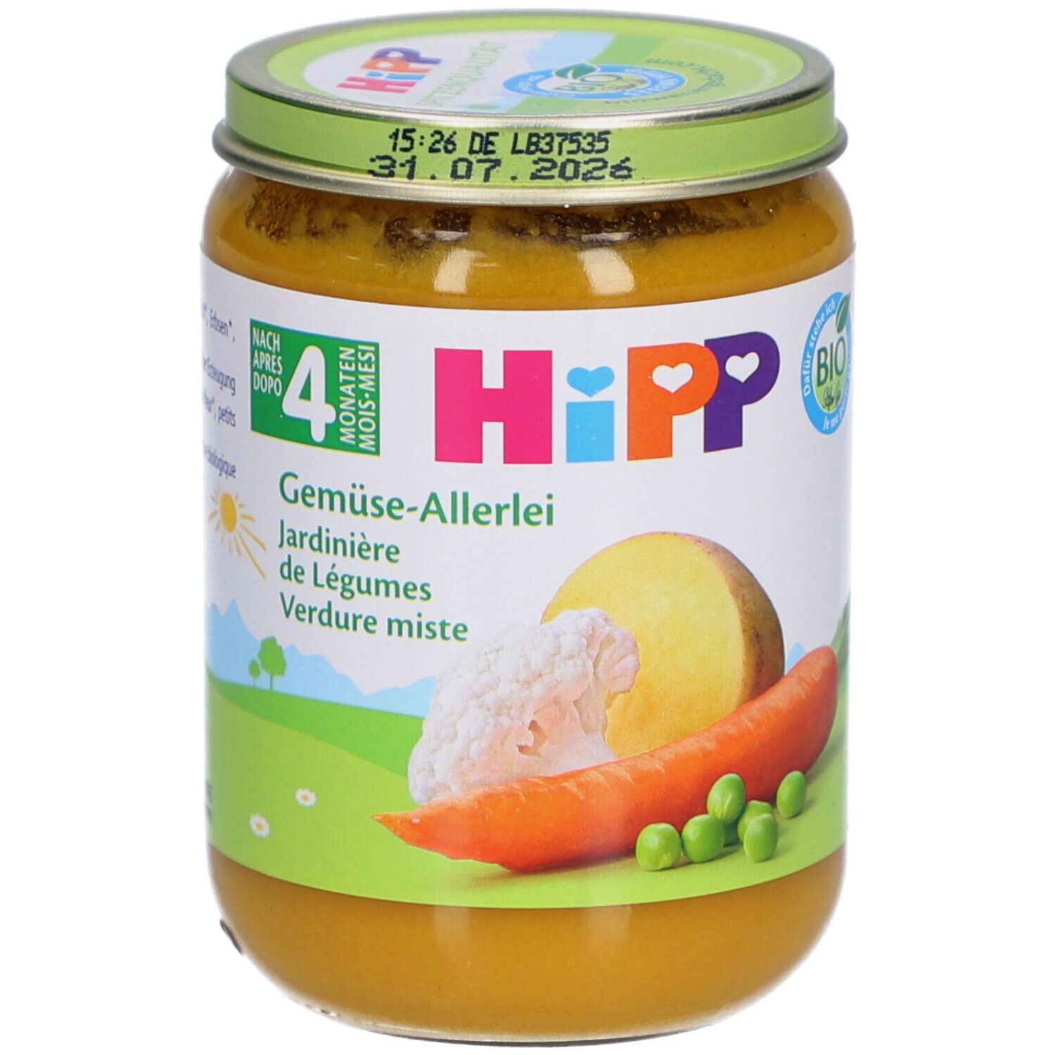 Pot de HiPP Bio-Gemüsegarten pour bébés dès 4 mois. Étiquette avec illustrations de légumes et label bio.
