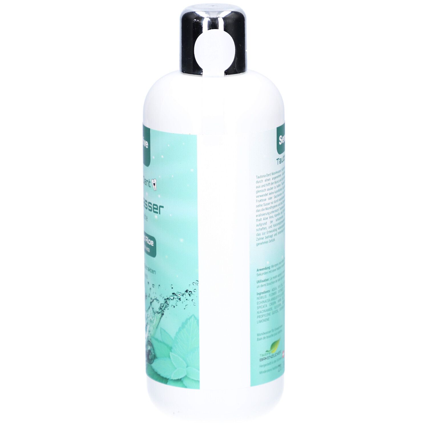 Flacon blanc avec bouchon argenté. Texte sur le côté. Nom du produit: Tautona Dent Mundwasser.