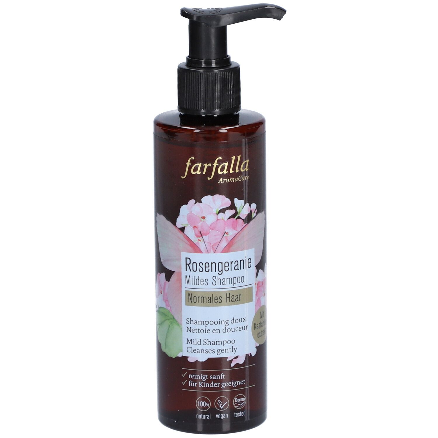 Flacon brun avec pompe noire. Inscription : Farfalla Rosengeranie Mildes Shampoo. Motif floral.