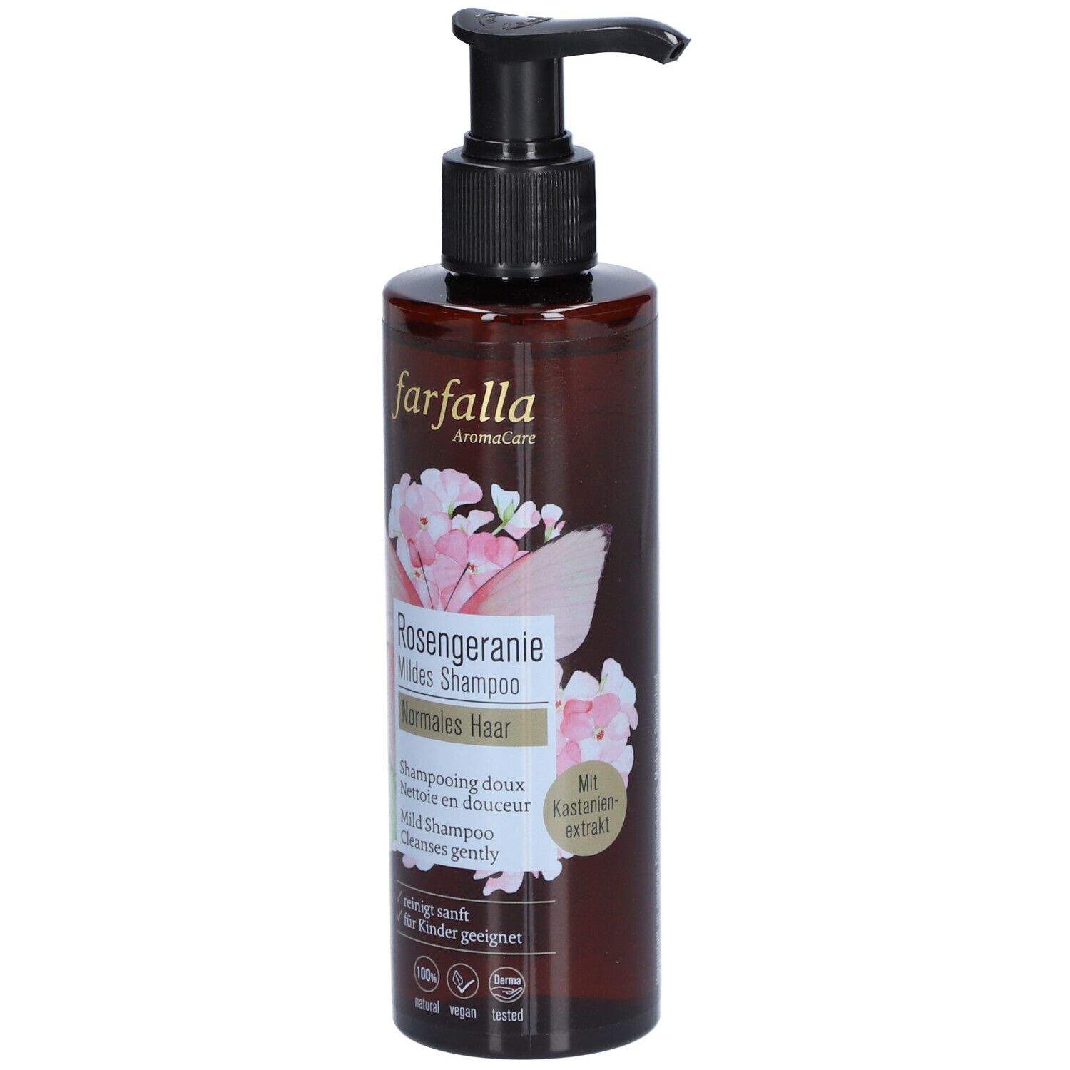 Flacon brun avec pompe noire. Inscription : Farfalla Rosengeranie Mildes Shampoo. Motif floral.