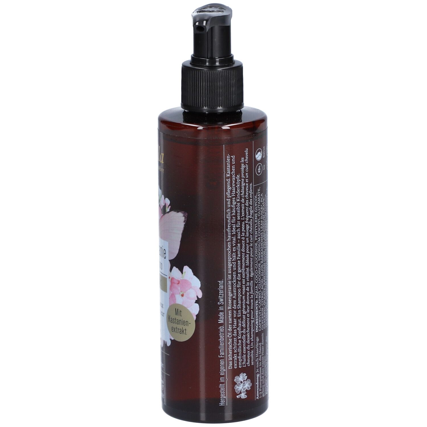 Flacon brun avec pompe noire. Inscription : Farfalla Rosengeranie Mildes Shampoo. Motif floral et extrait de châtaigne.