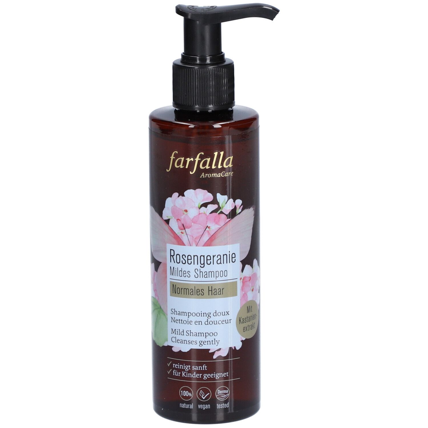 Flacon brun avec pompe noire. Inscription : Farfalla Rosengeranie Mildes Shampoo. Motif floral et extrait de châtaigne.