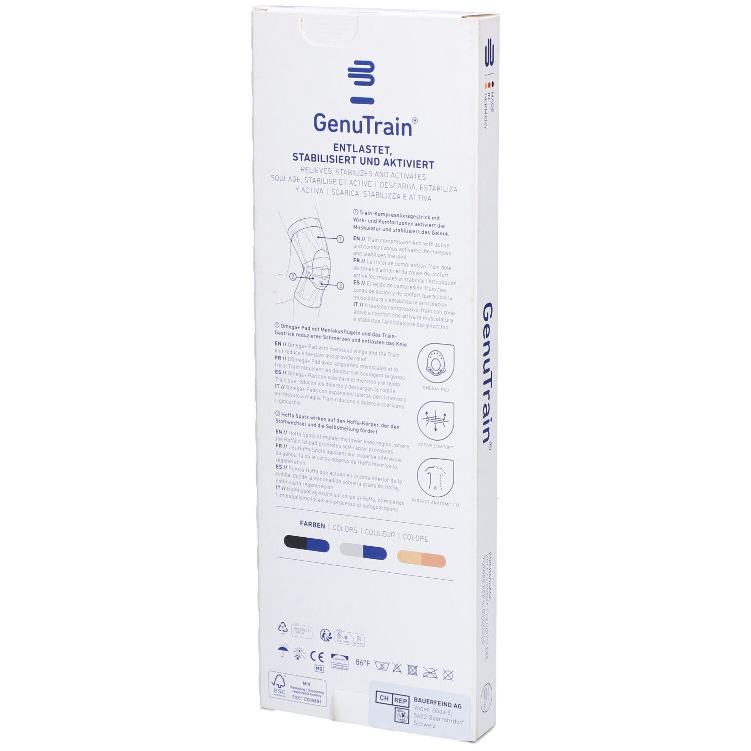 Dos de l'emballage. Nom du produit: GenuTrain. Informations d'utilisation et indications de taille. Illustrations colorées.