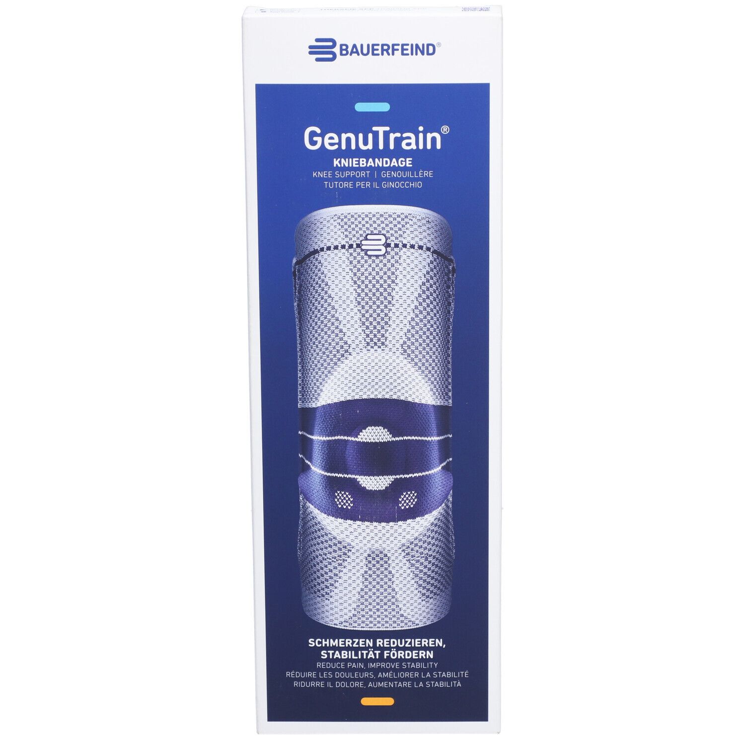 Emballage de genouillère BAUERFEIND GenuTrain. Bandage bleu et blanc à l'intérieur. Indications de taille sur l'emballage.