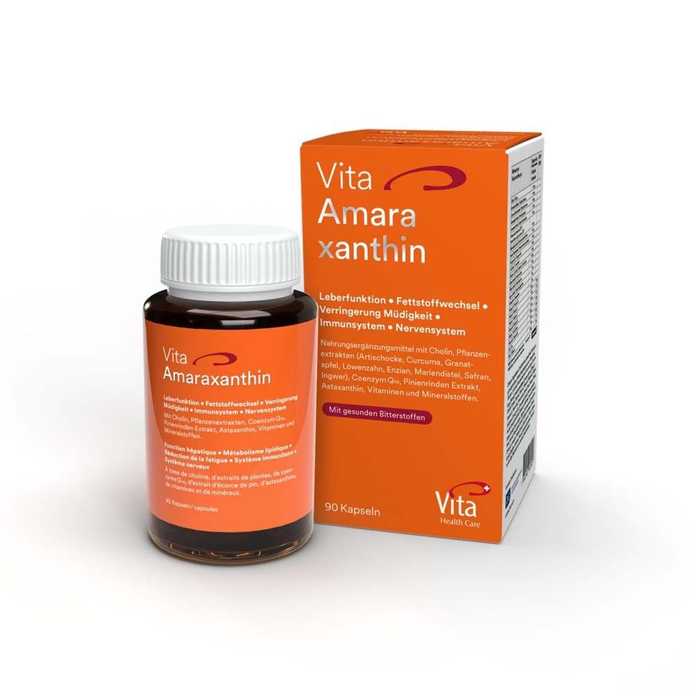 Gélules Vita amaraxanthin DTX® et emballage. Flacon brun, boîte orange. 90 gélules.