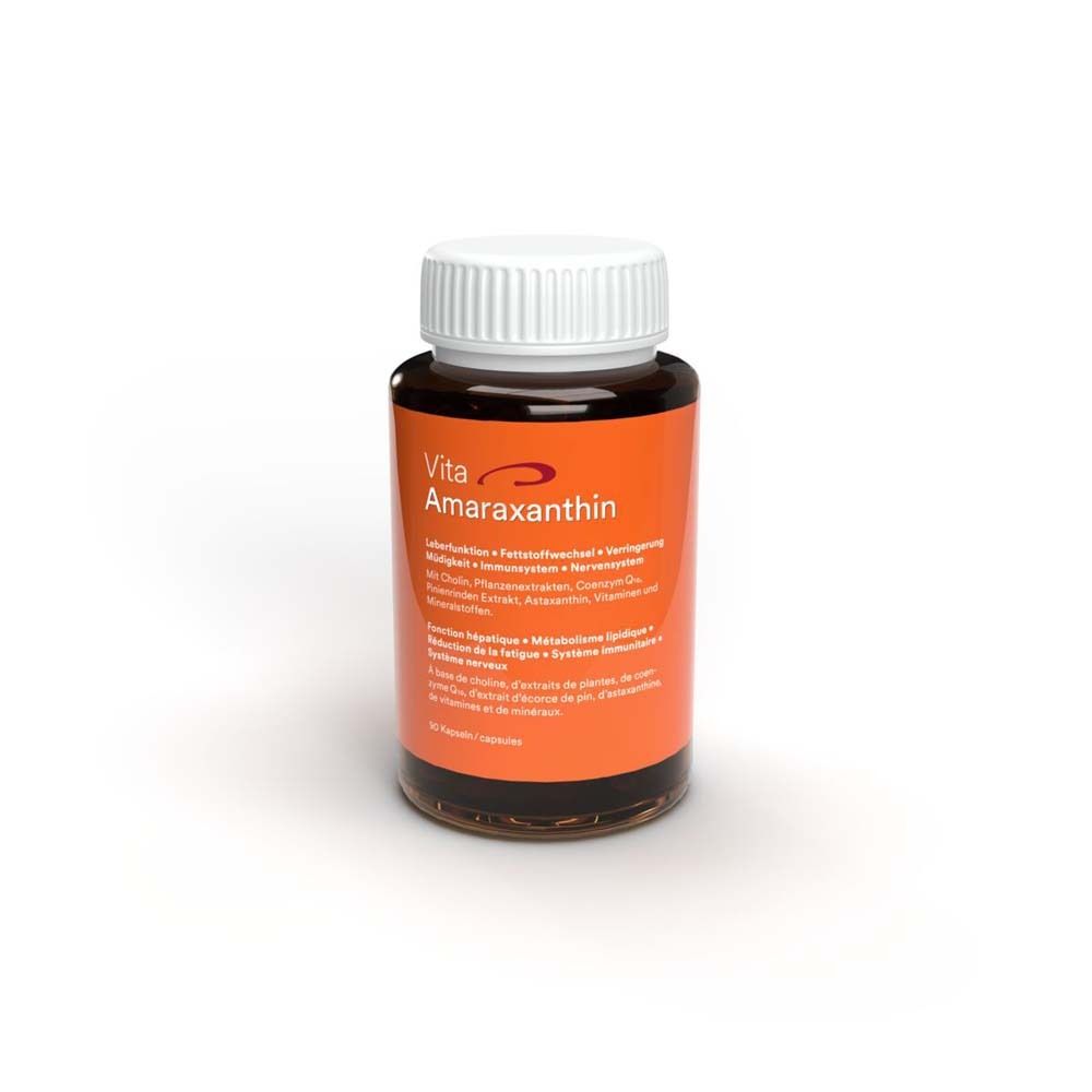 Gélules Vita amaraxanthin DTX®. Flacon brun avec couvercle blanc. Nom du produit et ingrédients.
