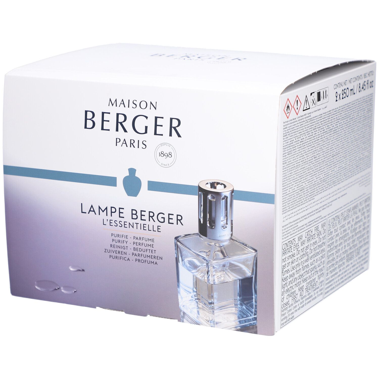 Emballage Maison Berger Paris. Contient Lampe Berger L'essentielle Cube avec liquide. Texte: Purify, Parfum, Reinigt, Zuiveren, Purifica.