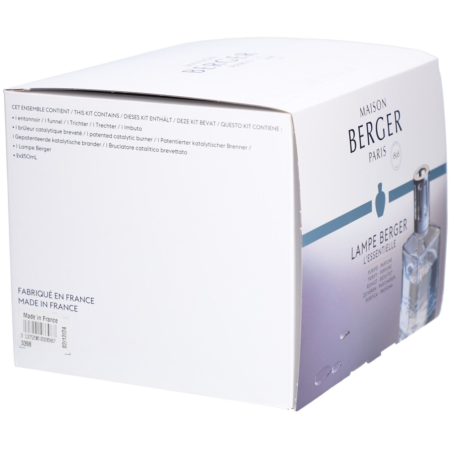 Vue latérale de l'emballage Maison Berger Paris. Texte: Contient entonnoir, brûleur catalytique, Lampe Berger. Fabriqué en France.