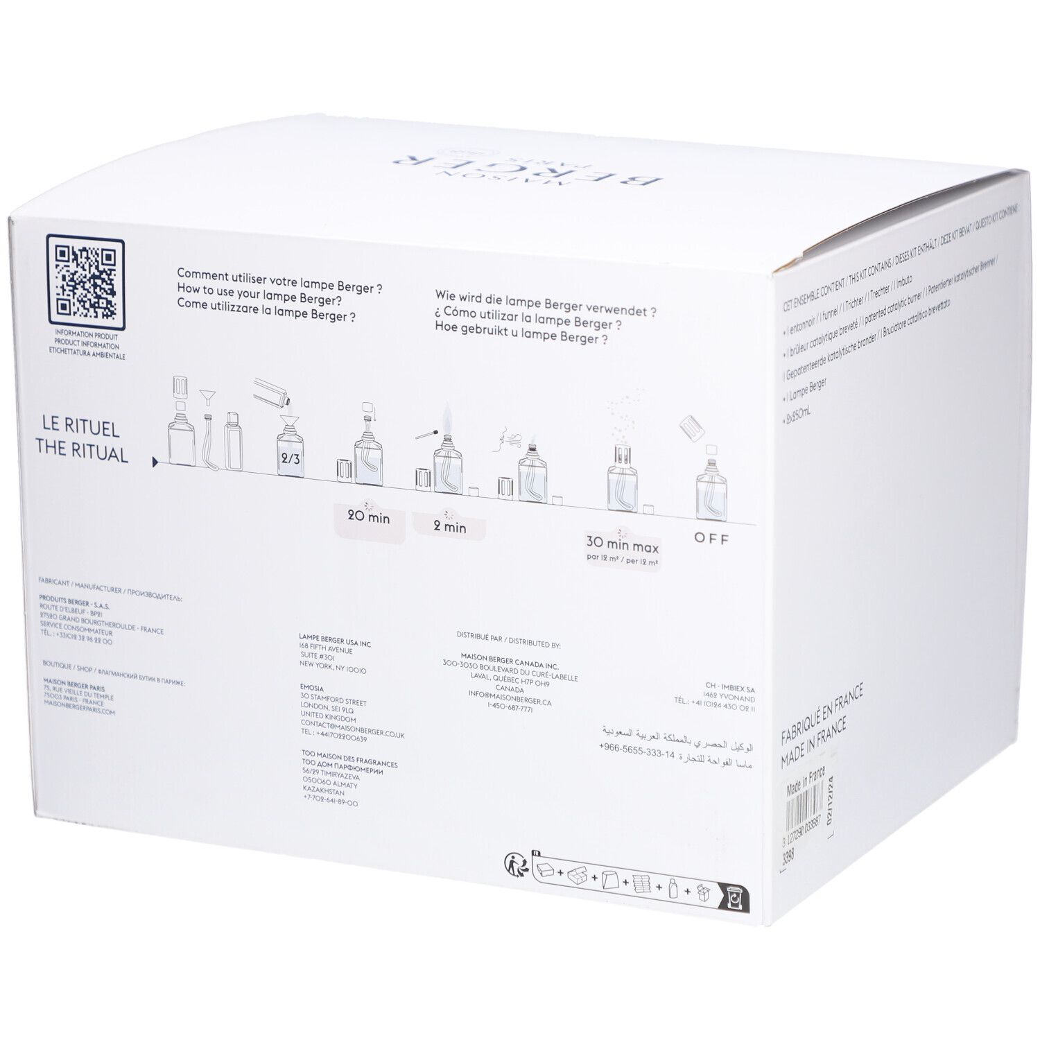 Dos de l'emballage avec illustrations d'utilisation de la Lampe Berger. Texte: Le Rituel. Code QR.