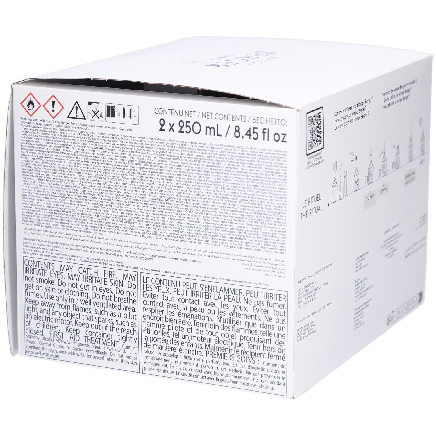 Dos de l'emballage avec avertissements et informations sur le contenu. Texte: 2 x 250 ml / 8.45 fl oz. Code QR.