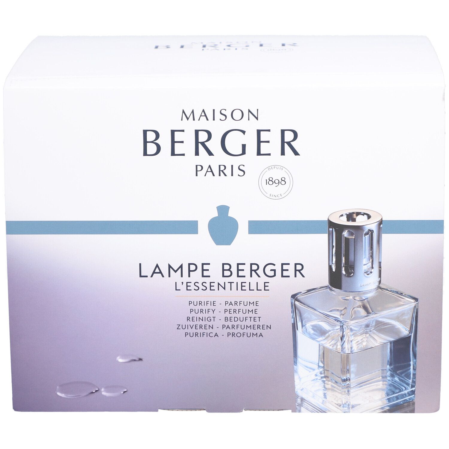 Emballage Maison Berger Paris. Lampe Berger L'essentielle Cube avec liquide. Texte: Purify, Parfum, Reinigt, Zuiveren, Purifica.