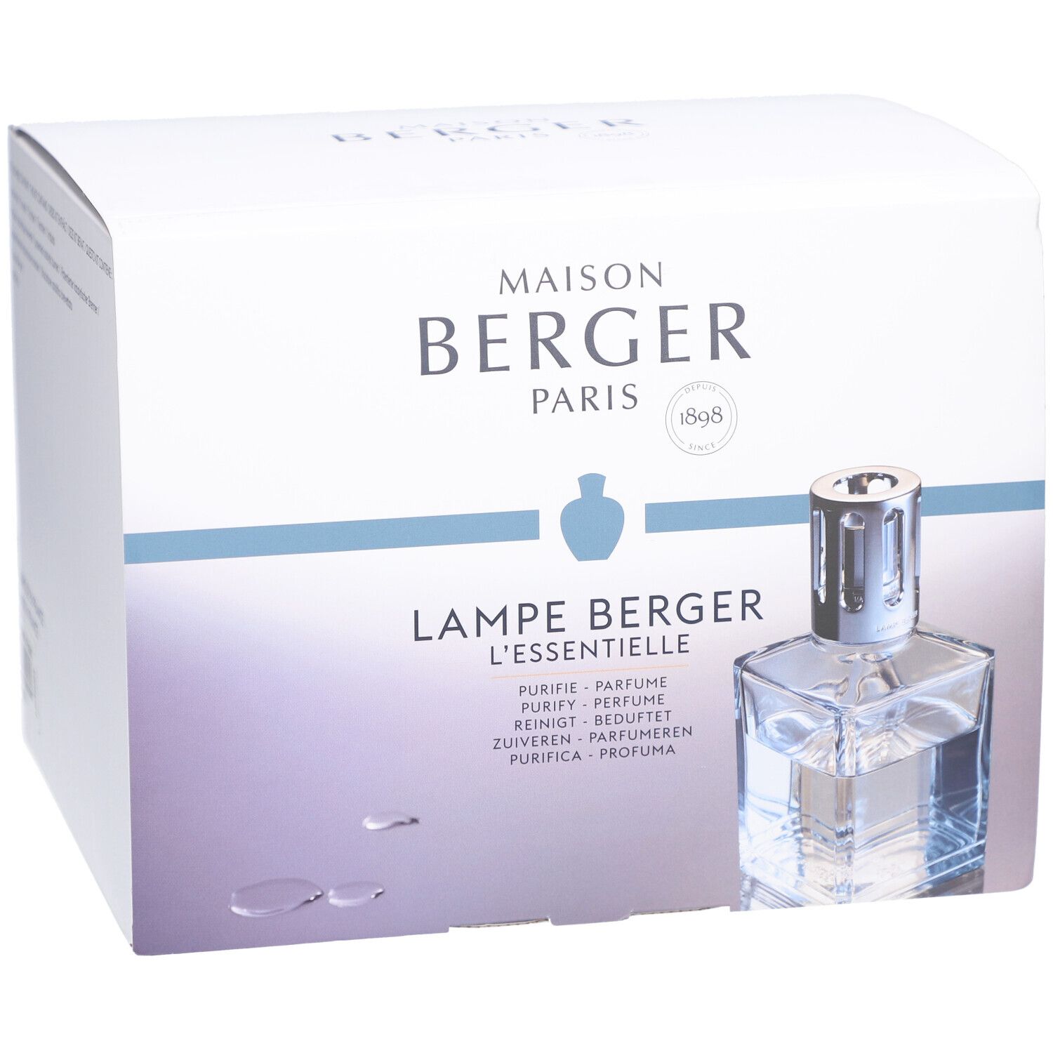 Emballage Maison Berger Paris. Lampe Berger L'essentielle Cube avec liquide. Texte: Purify, Parfum, Reinigt, Zuiveren, Purifica.