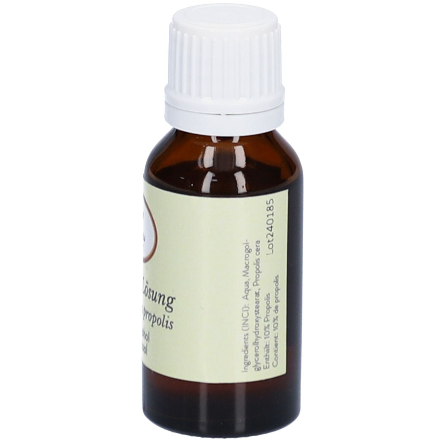 Flacon en verre brun avec bouchon blanc. Étiquette avec nom du produit, marque RÖÖSLI, sans alcool, ingrédients et 20 ml.