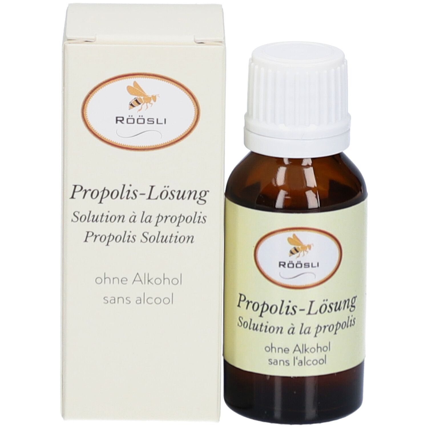 Flacon en verre brun avec bouchon blanc et boîte. Le nom du produit et la marque RÖÖSLI figurent sur la boîte et le flacon.