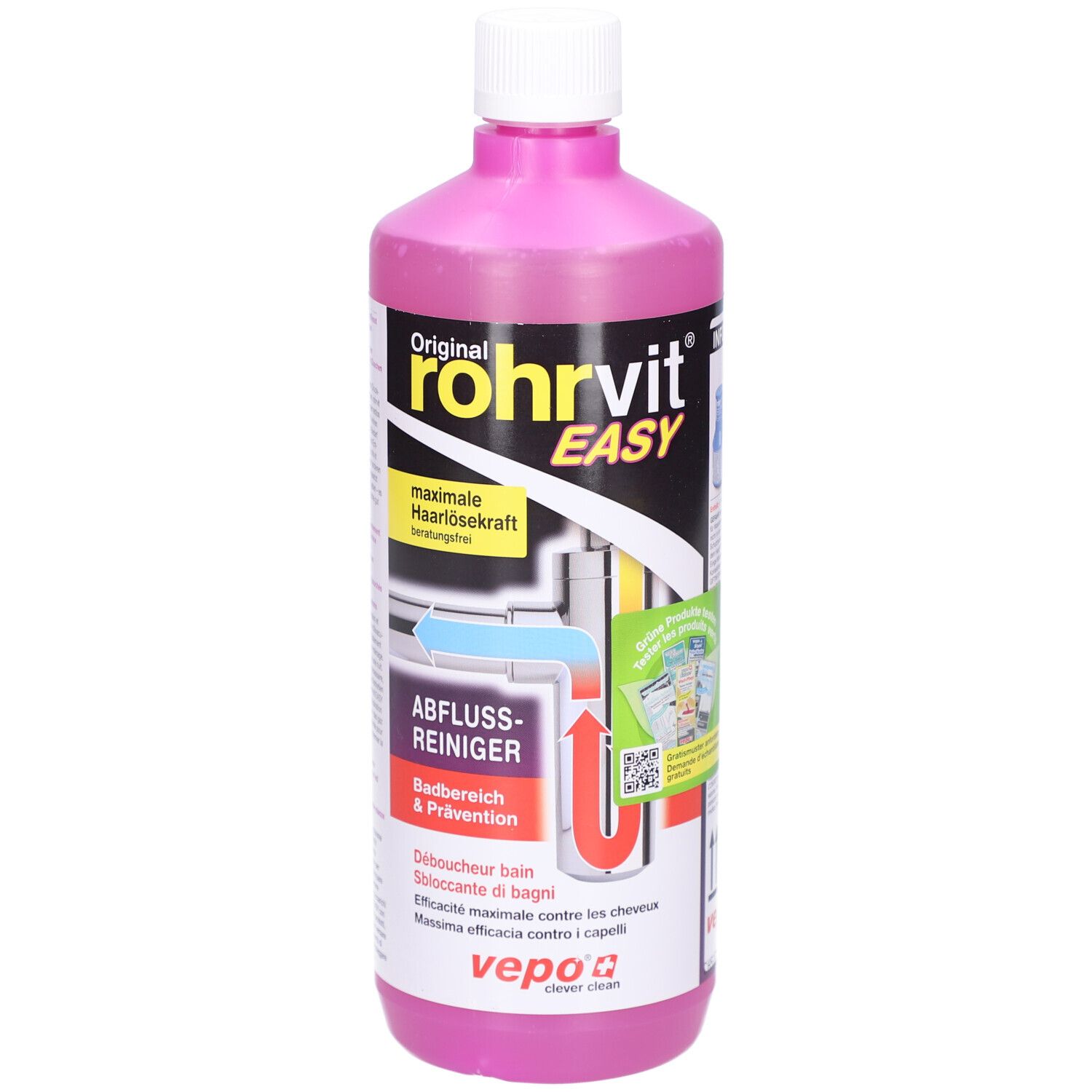 Bouteille rose avec bouchon blanc. Inscription: Rohrvit EASY, déboucheur. Contient des pictogrammes et un code QR.