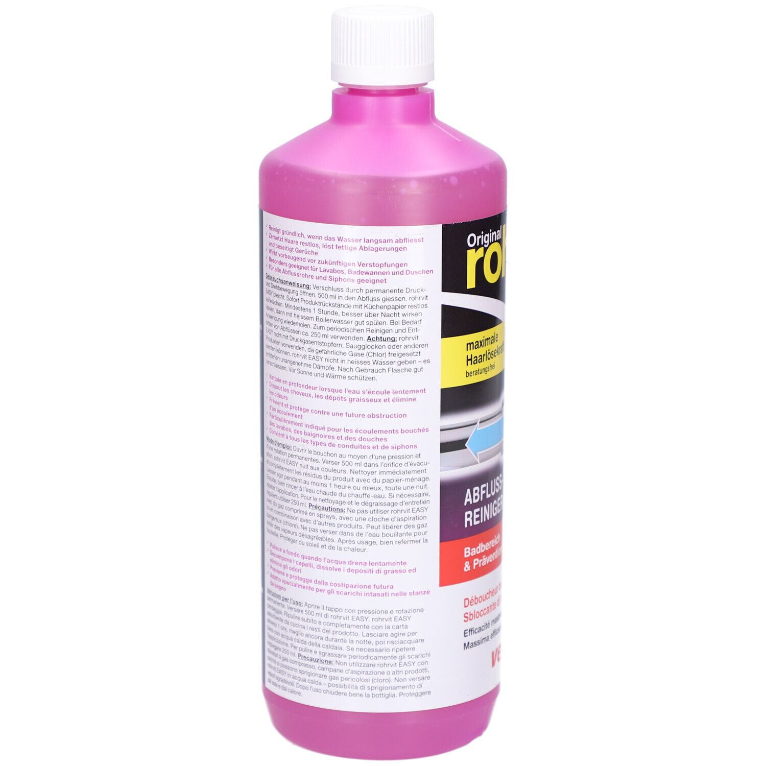 Bouteille rose avec bouchon blanc. Dos avec texte, avertissements et informations sur le contenu. Contient un code QR.